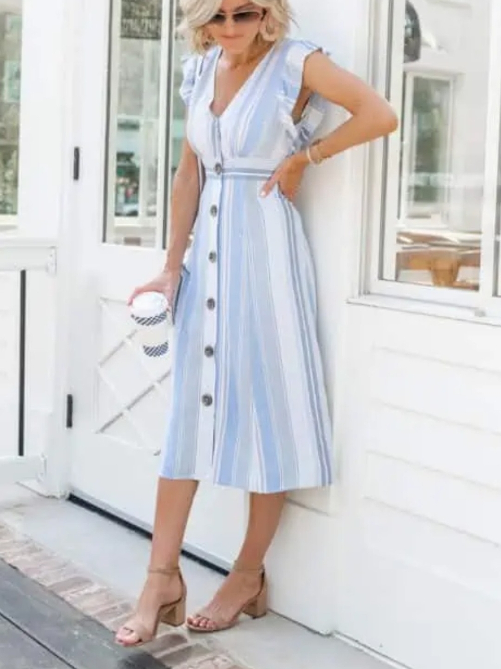 a.n.a Blue & White Striped Button-Front Midi Dress